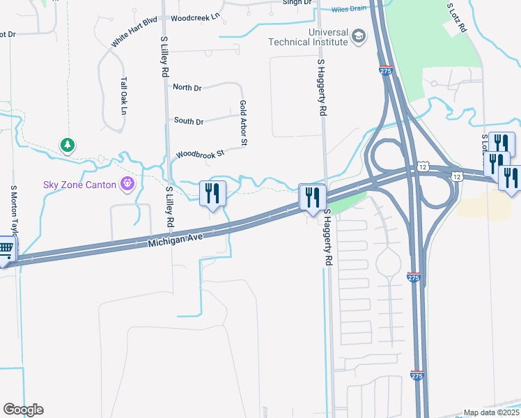 map of restaurants, bars, coffee shops, grocery stores, and more near 41700 Michigan Avenue in Wayne County