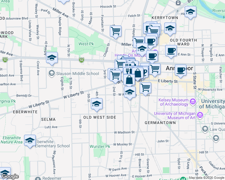 map of restaurants, bars, coffee shops, grocery stores, and more near 403 West Liberty Street in Ann Arbor