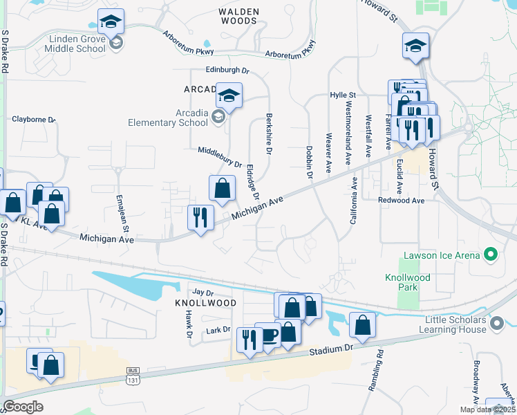 map of restaurants, bars, coffee shops, grocery stores, and more near 3406 Kenbrooke Court in Kalamazoo
