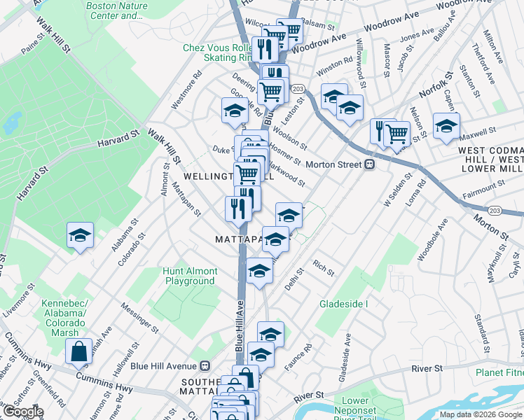 map of restaurants, bars, coffee shops, grocery stores, and more near 15 Fessenden Street in Boston