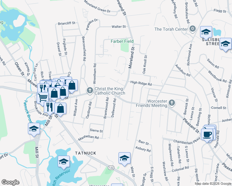 map of restaurants, bars, coffee shops, grocery stores, and more near 4 Biltmore Road in Worcester