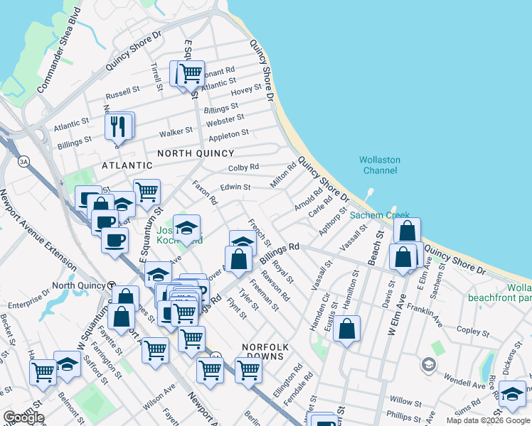 map of restaurants, bars, coffee shops, grocery stores, and more near 1 Canton Road in Quincy