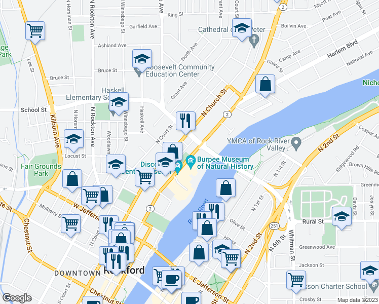 map of restaurants, bars, coffee shops, grocery stores, and more near 830 North Main Street in Rockford