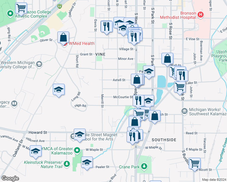 map of restaurants, bars, coffee shops, grocery stores, and more near 713 Forest Street in Kalamazoo