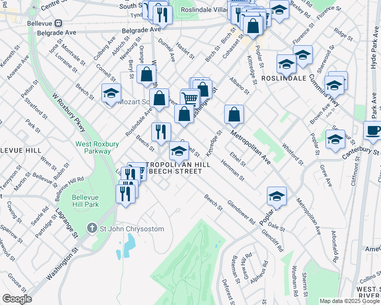map of restaurants, bars, coffee shops, grocery stores, and more near 174 Cornell Street in Boston