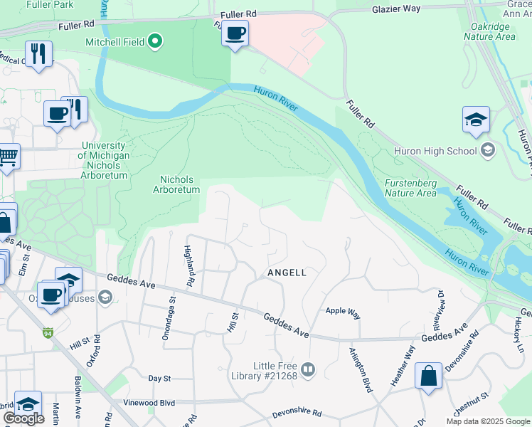 map of restaurants, bars, coffee shops, grocery stores, and more near 227 Orchard Hills Drive in Ann Arbor