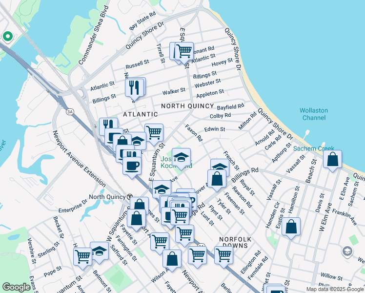 map of restaurants, bars, coffee shops, grocery stores, and more near 21 Clark Street in Quincy