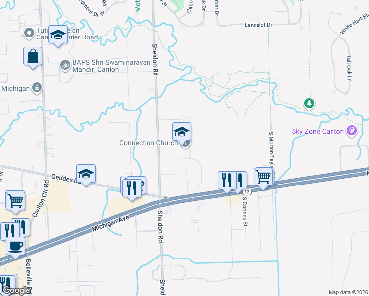 map of restaurants, bars, coffee shops, grocery stores, and more near 3855 South Sheldon Road in Canton