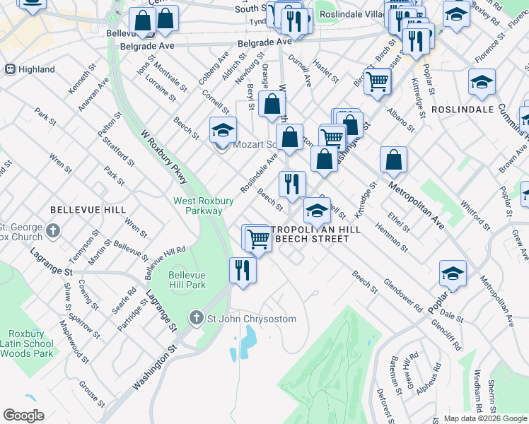 map of restaurants, bars, coffee shops, grocery stores, and more near 41 Mendelssohn Street in Boston