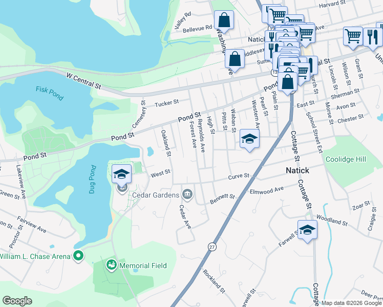 map of restaurants, bars, coffee shops, grocery stores, and more near 20 Forest Avenue in Natick