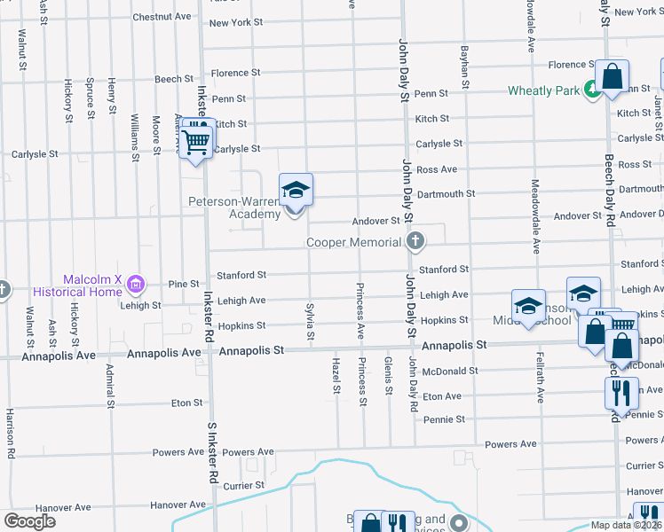 map of restaurants, bars, coffee shops, grocery stores, and more near 26981 Colgate Street in Inkster