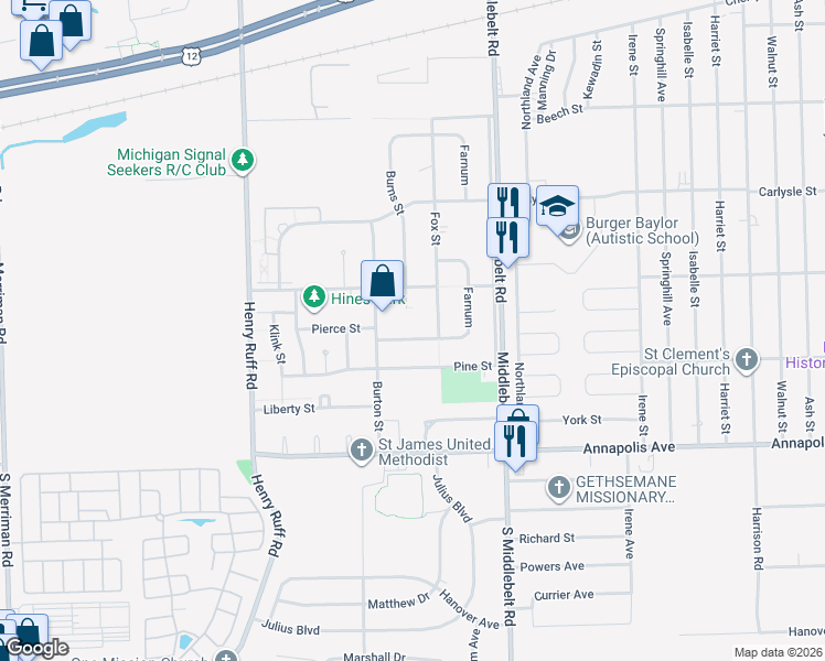 map of restaurants, bars, coffee shops, grocery stores, and more near 4057 Burns Street in Inkster