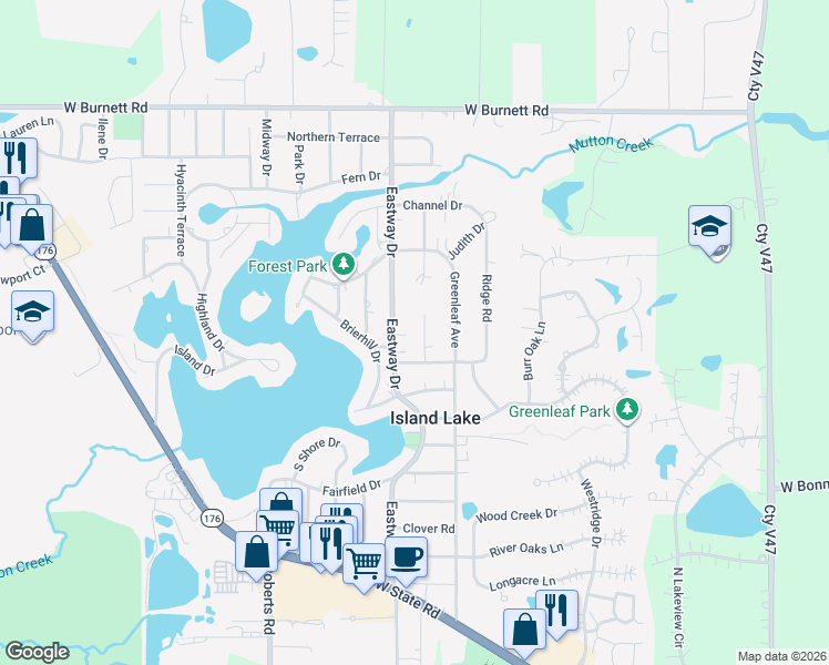 map of restaurants, bars, coffee shops, grocery stores, and more near 3505 Woodland Circle South in Island Lake