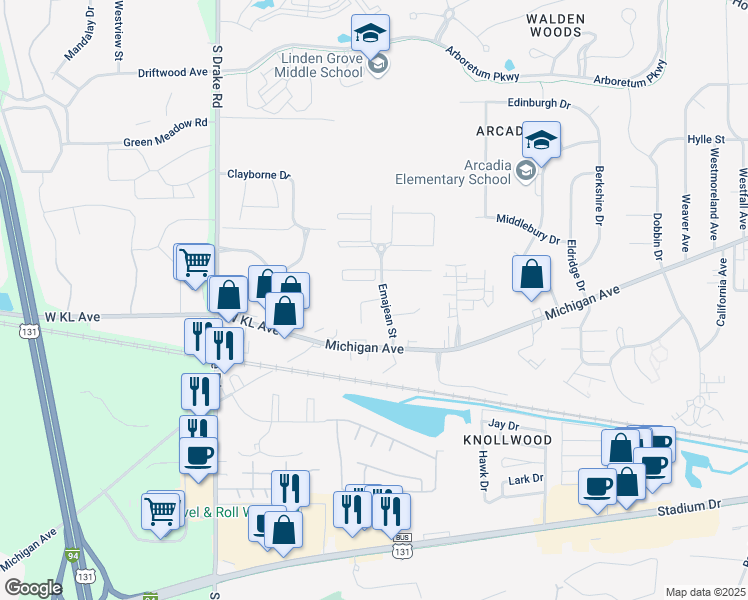 map of restaurants, bars, coffee shops, grocery stores, and more near Escape Drive in Kalamazoo