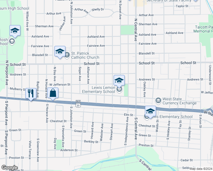 map of restaurants, bars, coffee shops, grocery stores, and more near 235 Royal Avenue in Rockford