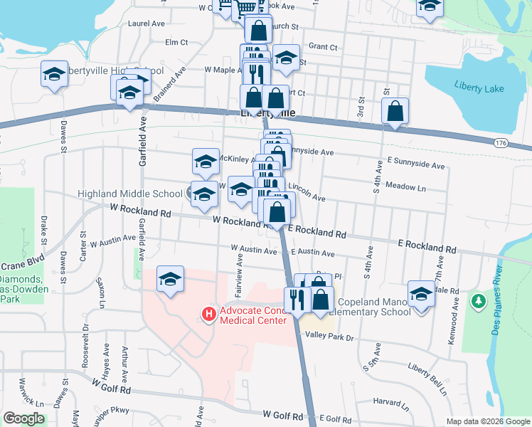 map of restaurants, bars, coffee shops, grocery stores, and more near in Libertyville