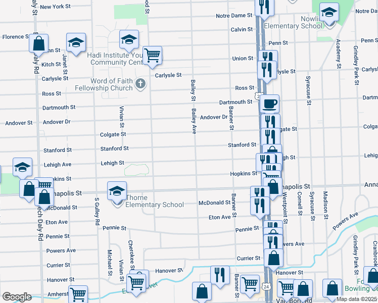map of restaurants, bars, coffee shops, grocery stores, and more near 24627 Stanford Street in Dearborn Heights