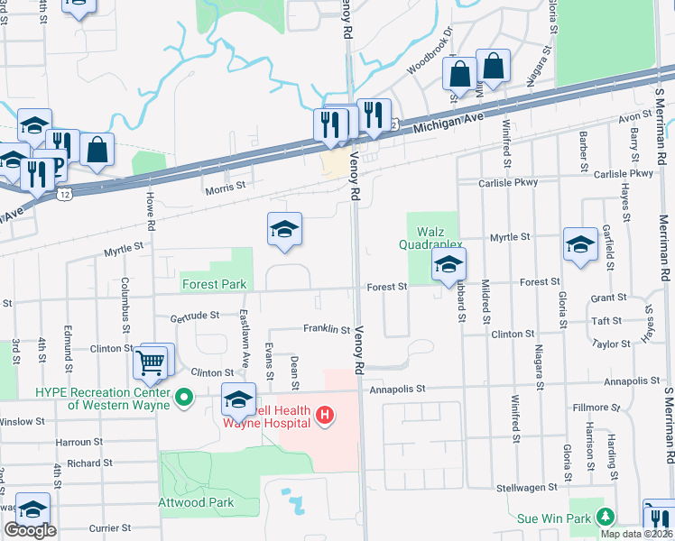 map of restaurants, bars, coffee shops, grocery stores, and more near 4020 Venoy Road in Wayne
