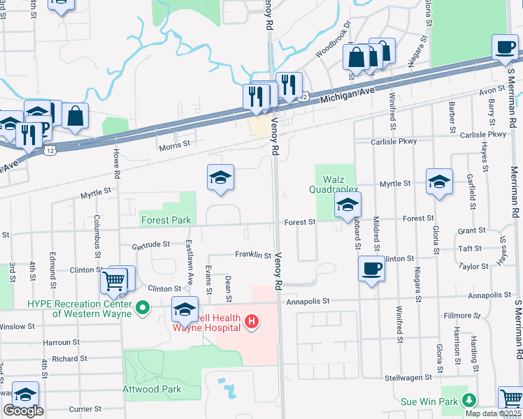 map of restaurants, bars, coffee shops, grocery stores, and more near 4020 Venoy Road in Wayne