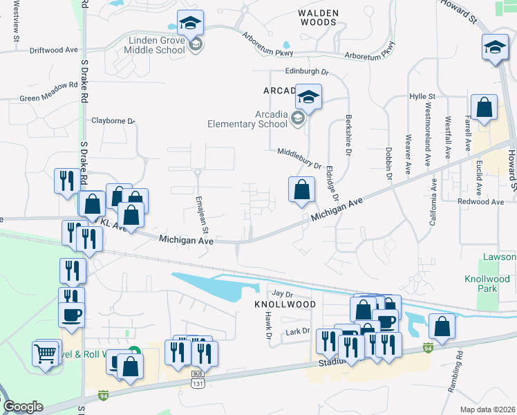 map of restaurants, bars, coffee shops, grocery stores, and more near 1246 Jack Pine Way in Kalamazoo
