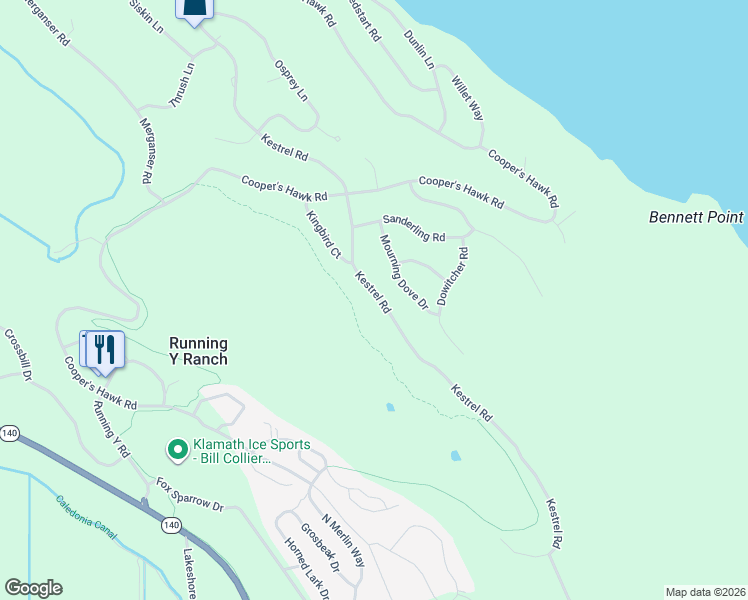 map of restaurants, bars, coffee shops, grocery stores, and more near 10180 Kestrel Road in Klamath Falls