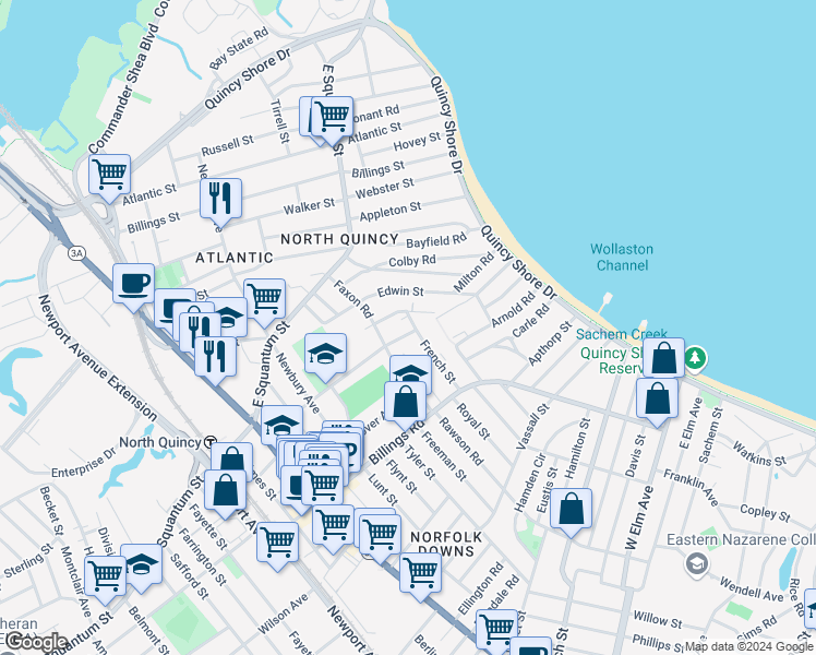 map of restaurants, bars, coffee shops, grocery stores, and more near 69 Henry Street in Quincy