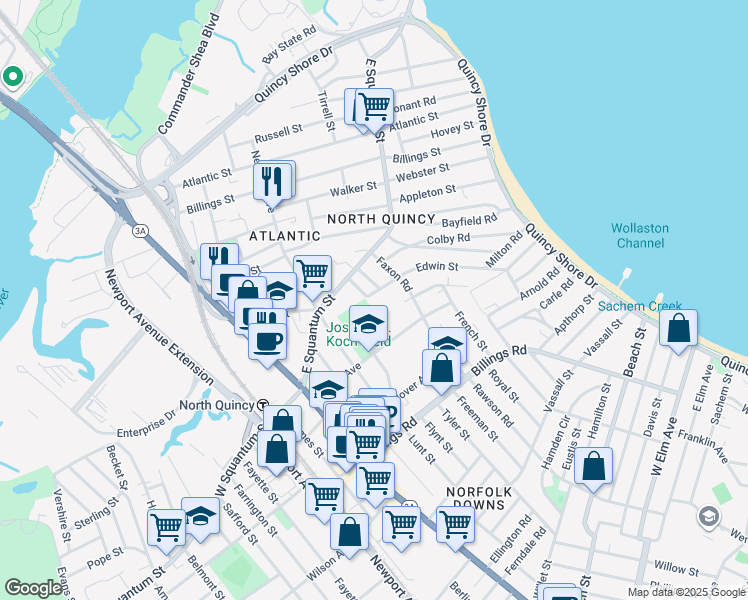map of restaurants, bars, coffee shops, grocery stores, and more near 21 Clark Street in Quincy