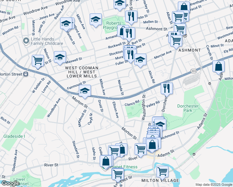 map of restaurants, bars, coffee shops, grocery stores, and more near 52-54 Codman Hill Avenue in Boston