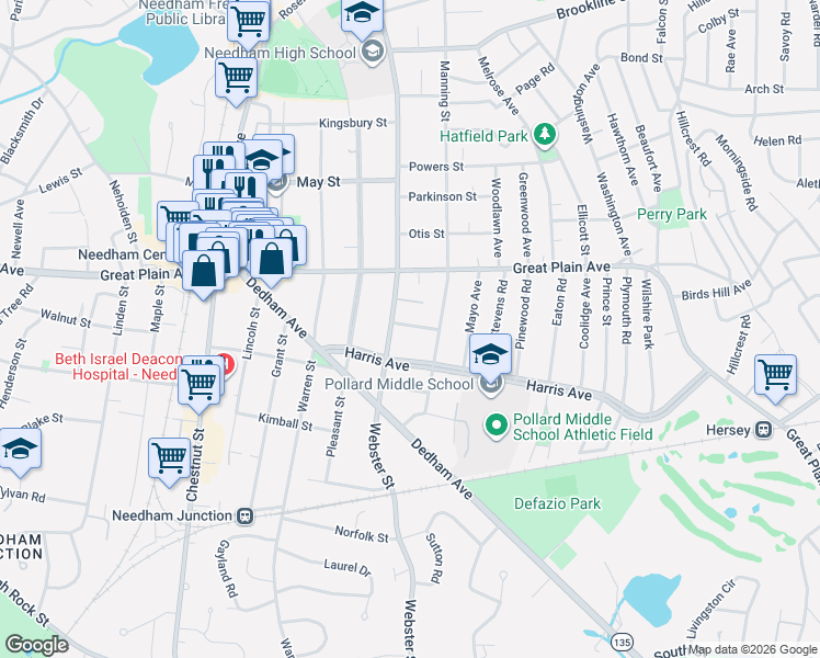 map of restaurants, bars, coffee shops, grocery stores, and more near 21 Cleveland Road in Needham