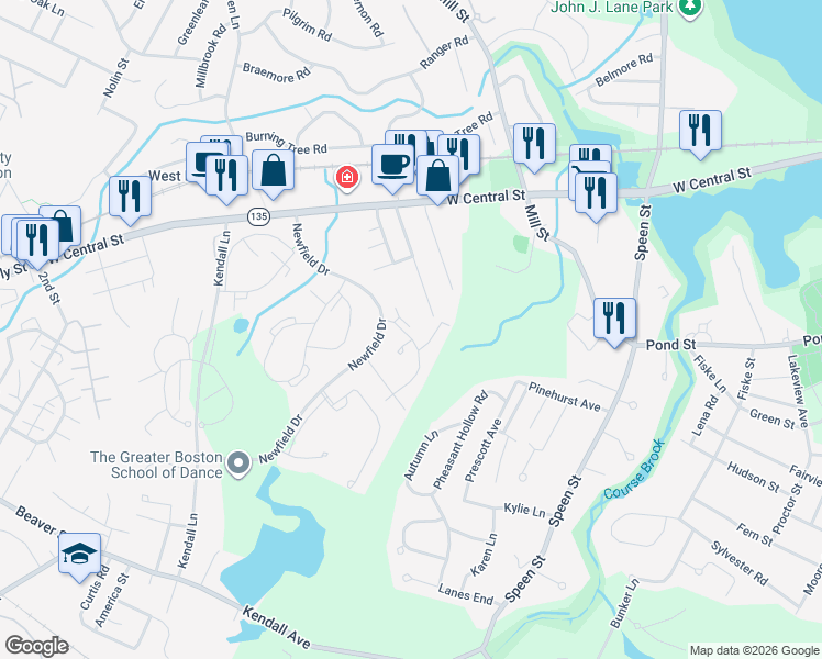 map of restaurants, bars, coffee shops, grocery stores, and more near 30 Silver Hill Lane in Natick
