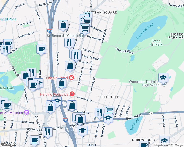 map of restaurants, bars, coffee shops, grocery stores, and more near 57 Channing Street in Worcester