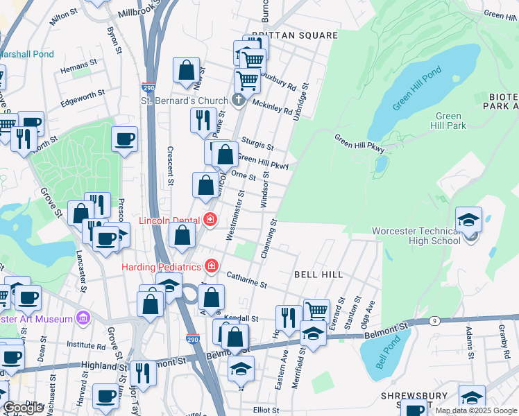 map of restaurants, bars, coffee shops, grocery stores, and more near 32 Forbes Street in Worcester