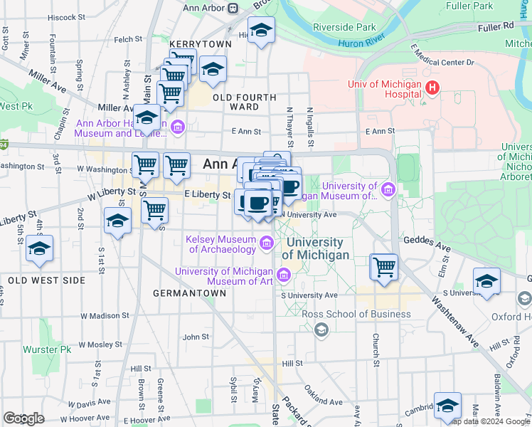 map of restaurants, bars, coffee shops, grocery stores, and more near 311 South State Street in Ann Arbor