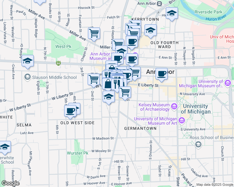 map of restaurants, bars, coffee shops, grocery stores, and more near 309 South Ashley Street in Ann Arbor