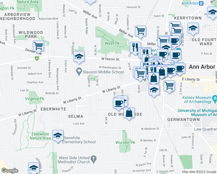 map of restaurants, bars, coffee shops, grocery stores, and more near 327 Mulholland Street in Ann Arbor