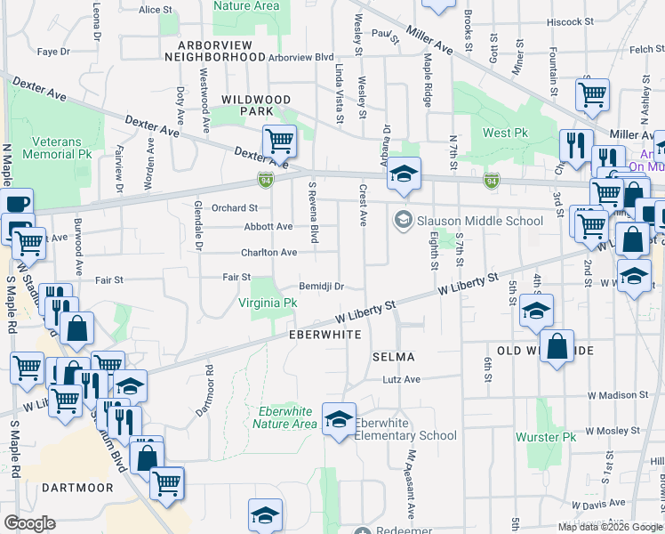 map of restaurants, bars, coffee shops, grocery stores, and more near 400 Montgomery Avenue in Ann Arbor