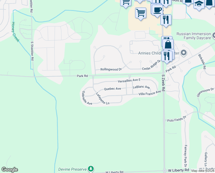 map of restaurants, bars, coffee shops, grocery stores, and more near 5935 Versailles Avenue in Ann Arbor