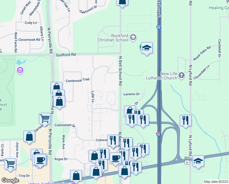 map of restaurants, bars, coffee shops, grocery stores, and more near 985 McKnight Circle in Rockford