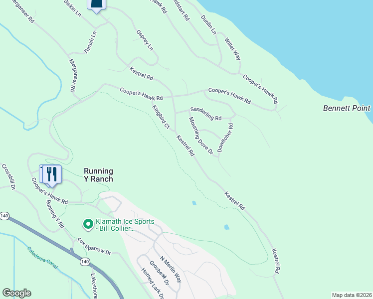 map of restaurants, bars, coffee shops, grocery stores, and more near 10180 Kestrel Road in Klamath Falls