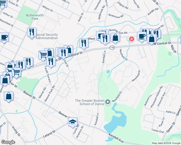 map of restaurants, bars, coffee shops, grocery stores, and more near 24 Homeward Lane in Natick