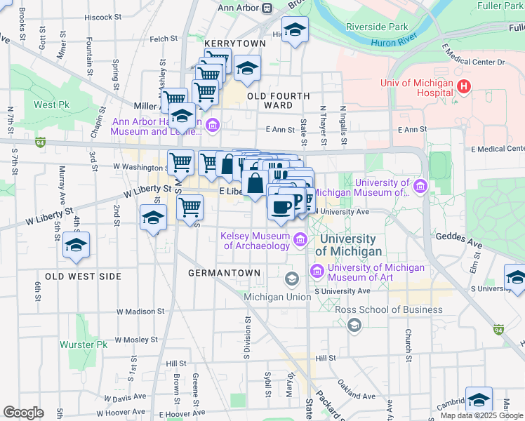 map of restaurants, bars, coffee shops, grocery stores, and more near 324 Thompson Street in Ann Arbor