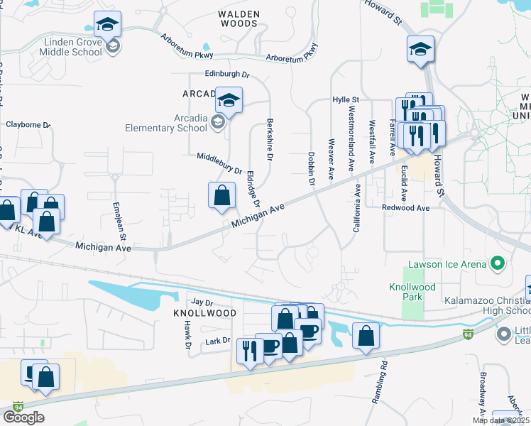 map of restaurants, bars, coffee shops, grocery stores, and more near 3401 Kenbrooke Court in Kalamazoo