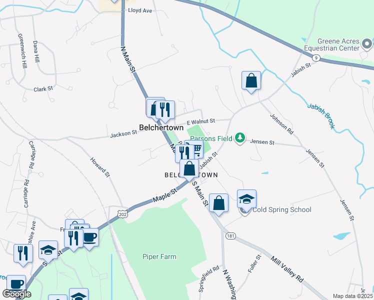 map of restaurants, bars, coffee shops, grocery stores, and more near 18 Park Street in Belchertown