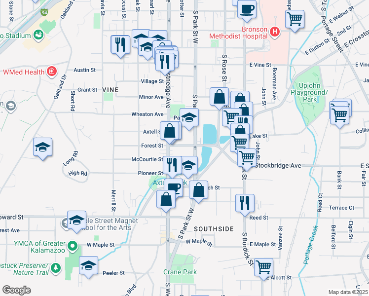 map of restaurants, bars, coffee shops, grocery stores, and more near 432 Forest Street in Kalamazoo