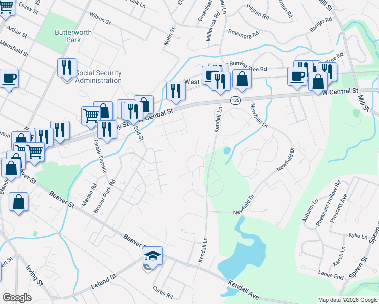 map of restaurants, bars, coffee shops, grocery stores, and more near 15 Village Rock Lane in Natick