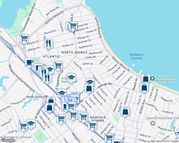 map of restaurants, bars, coffee shops, grocery stores, and more near 69 Henry Street in Quincy