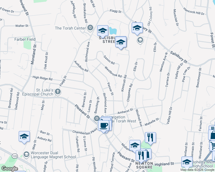 map of restaurants, bars, coffee shops, grocery stores, and more near 5 Lull Street in Worcester