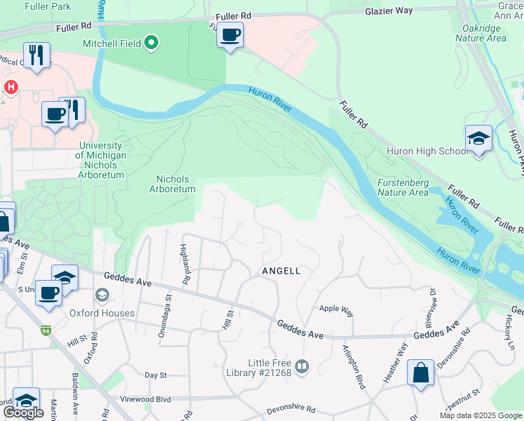 map of restaurants, bars, coffee shops, grocery stores, and more near 227 Orchard Hills Drive in Ann Arbor
