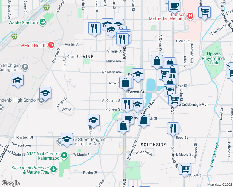 map of restaurants, bars, coffee shops, grocery stores, and more near 601 Forest Street in Kalamazoo