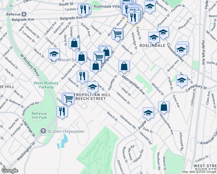 map of restaurants, bars, coffee shops, grocery stores, and more near 241 Kittredge Street in Boston
